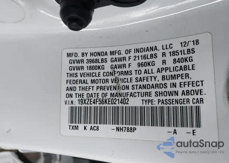 2019 Honda Insight Ex from USA, damaged, VIN 19XZE4F56KE021402